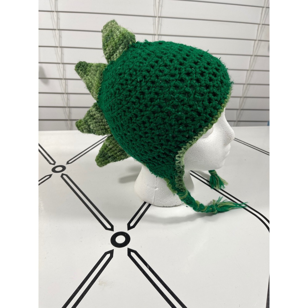 Handmade Green Dinosaur Hat Crocheted Spikes‎ Ears Tassels Kids Toddler